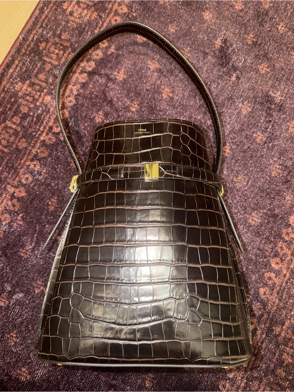 Toteme Dark Brown Croc-Embossed Leather Shoulder Bag with Gold Hardware